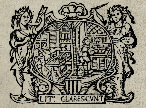 [A 1666 woodcut image of a printing press in a book by G. Lints]