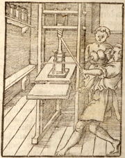 Sebastian Mnster's 1574 printing press drawing